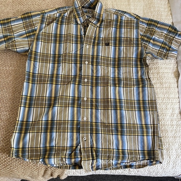Cinch Men's Plaid Short Sleeve button down Shirt - Blue and Yellow size small - Picture 1 of 8